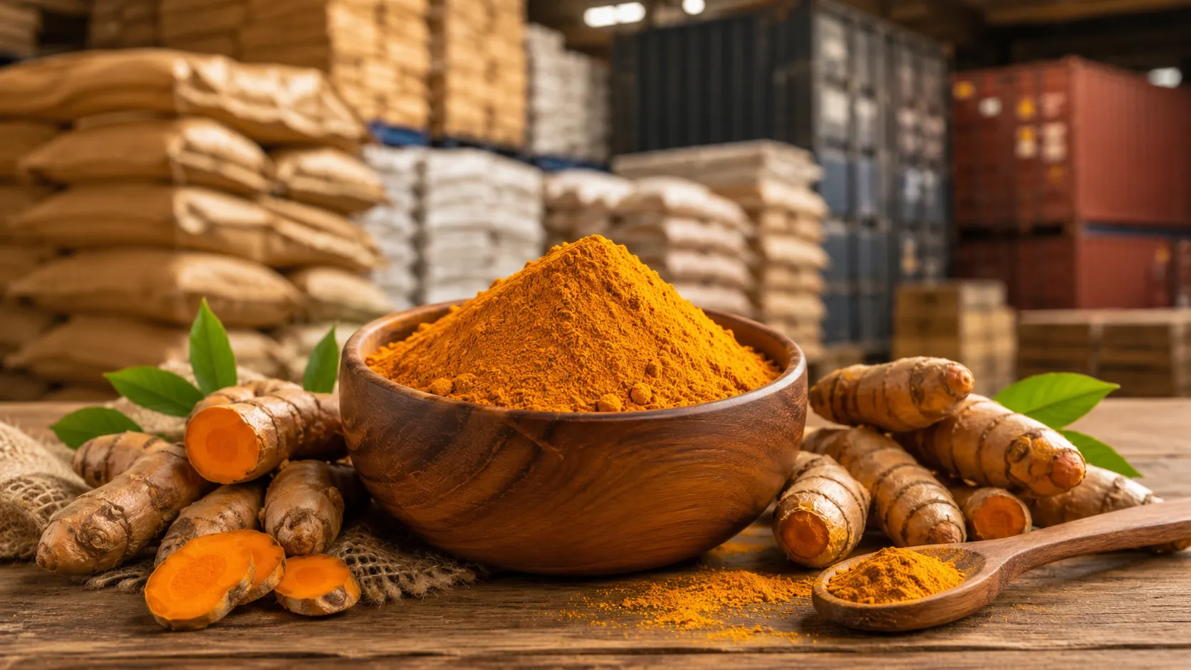 Premium export quality turmeric powder in wooden bowl with turmeric fingers for global wholesale buyers from India.