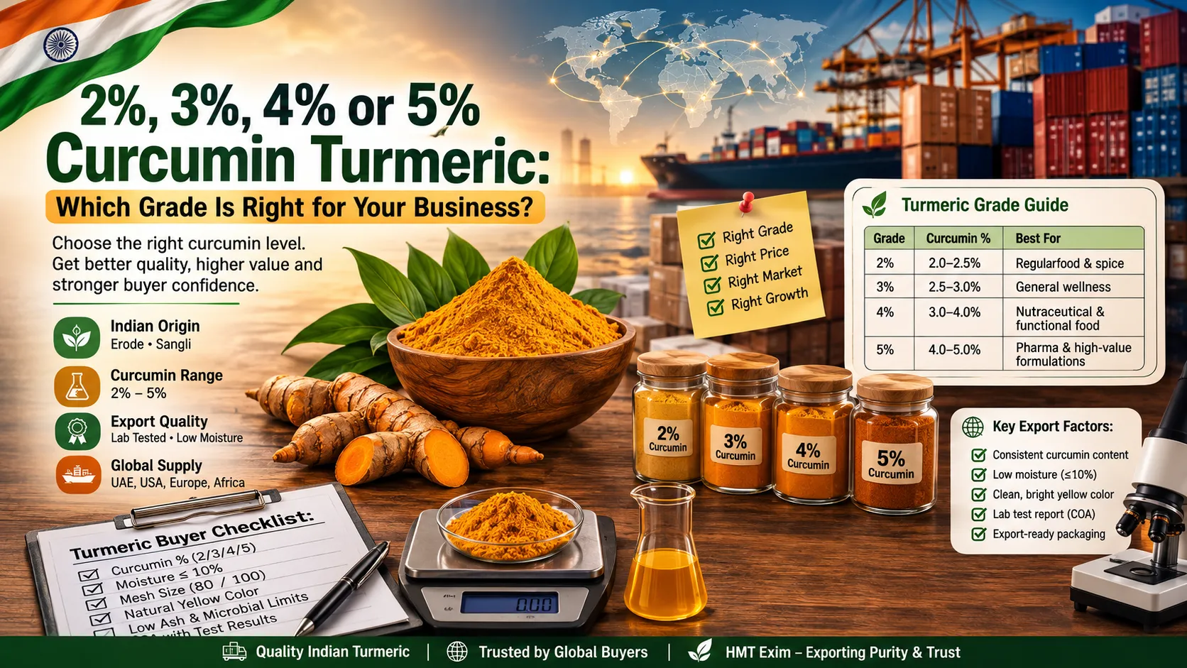Turmeric curcumin grades from 2% to 5% with export-quality comparison for international buyers.