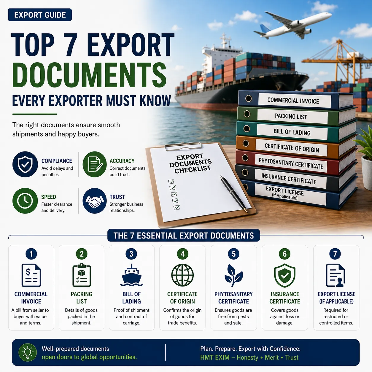 Complete export documentation checklist from India with commercial invoice, packing list, certificate of origin and shipping documents.