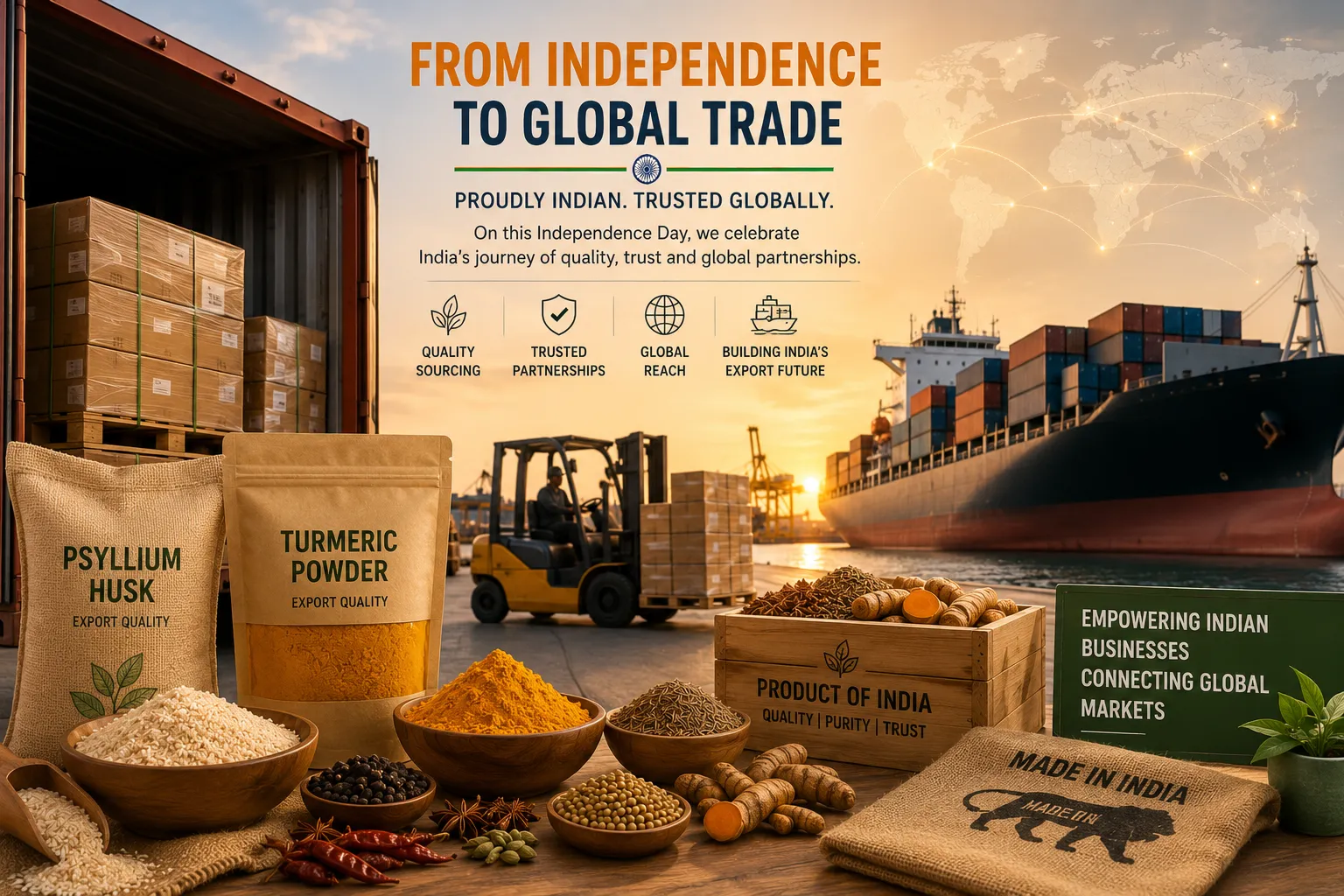 Indian export containers, cargo ship and premium agricultural products representing India's global trade on Independence Day.
