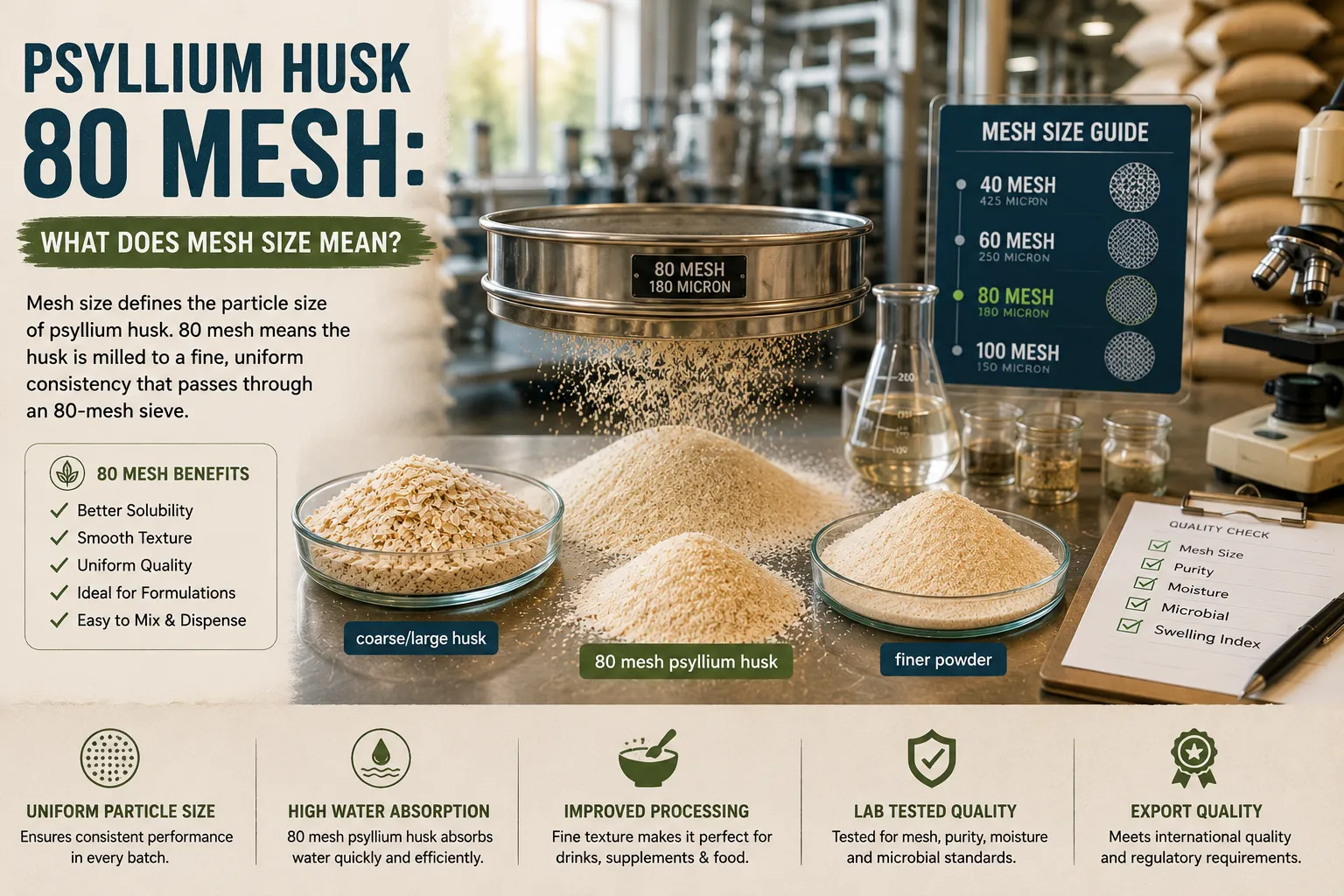 Psyllium Husk Powder passing through an 80-mesh laboratory sieve during quality inspection for international buyers.