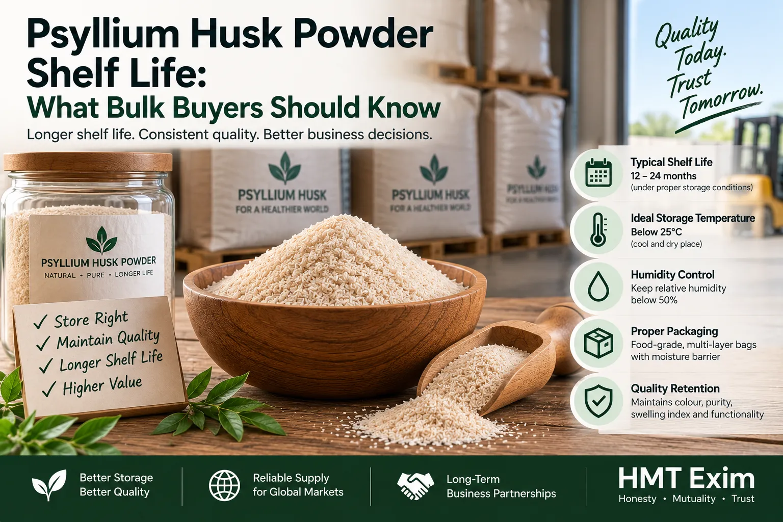 Psyllium Husk Powder in sealed bulk packaging with organized warehouse storage for long-term B2B buyers.
