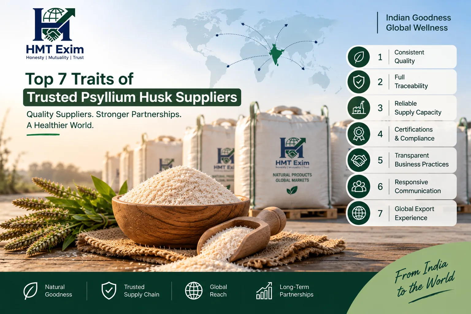 International buyer evaluating bulk psyllium husk supplier quality, documentation, testing, traceability and export capability.