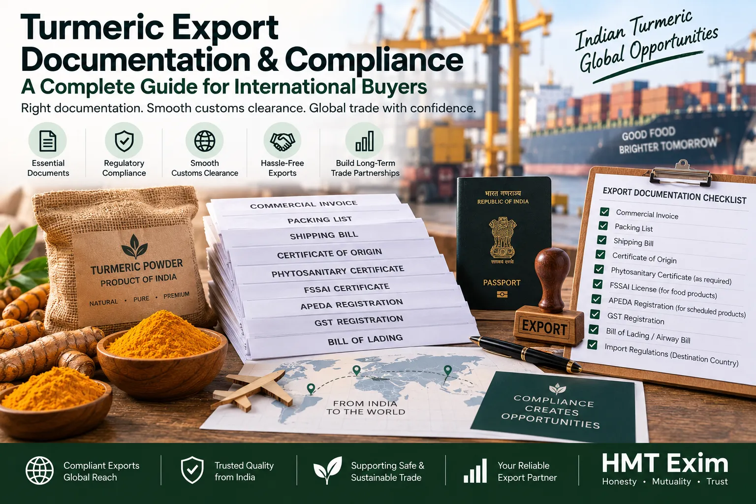 Turmeric export documentation prepared alongside packaged Indian turmeric for an international shipment.