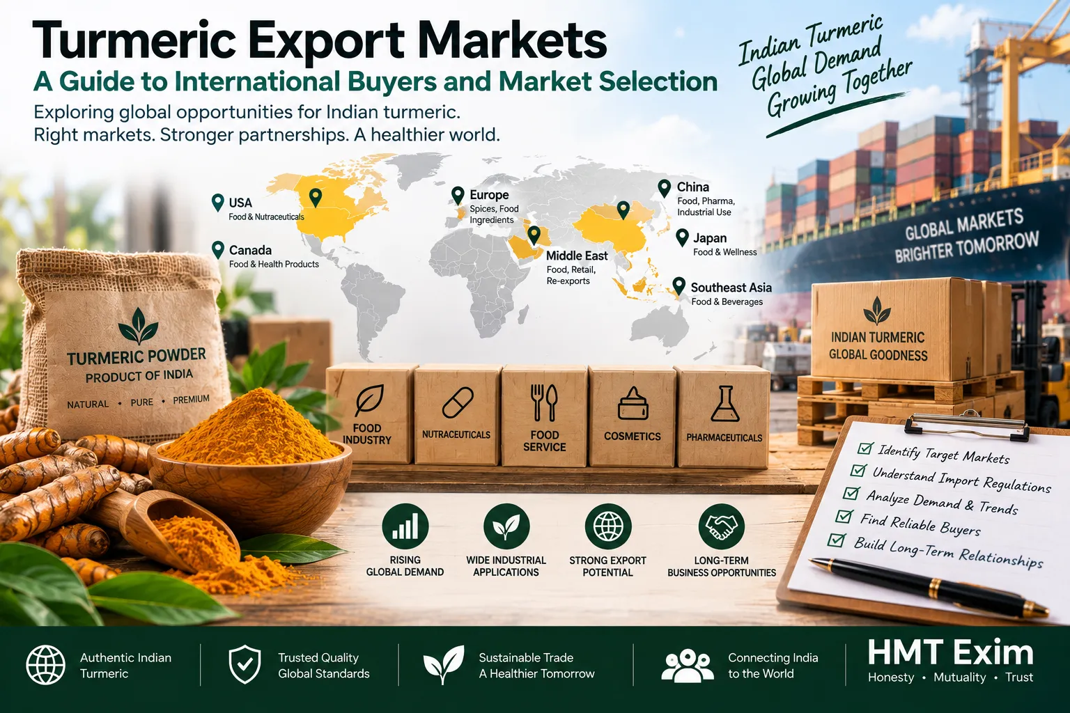 Indian turmeric prepared for international markets with global trade routes and bulk export shipment context.