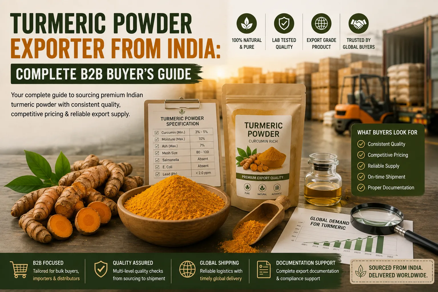 Premium Indian turmeric powder and turmeric rhizomes prepared for export with laboratory quality testing equipment.