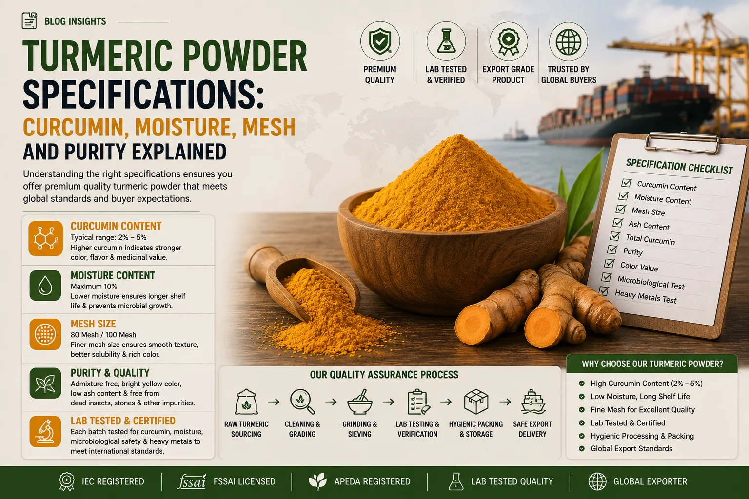 Turmeric powder laboratory specification testing showing curcumin, moisture, mesh size and purity evaluation for international buyers.