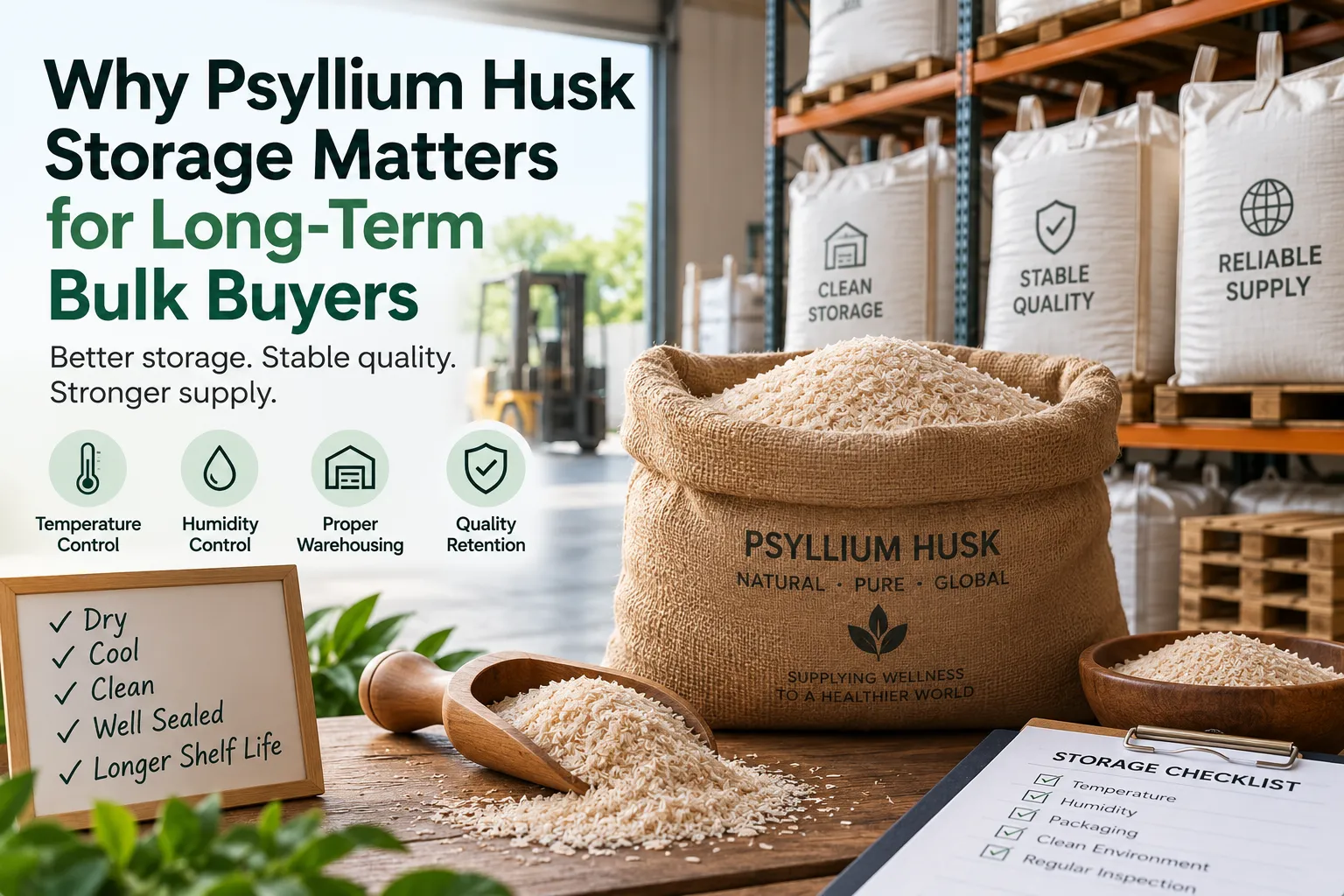 Bulk Psyllium Husk stored in protective food-grade packaging in a clean warehouse for international buyers.